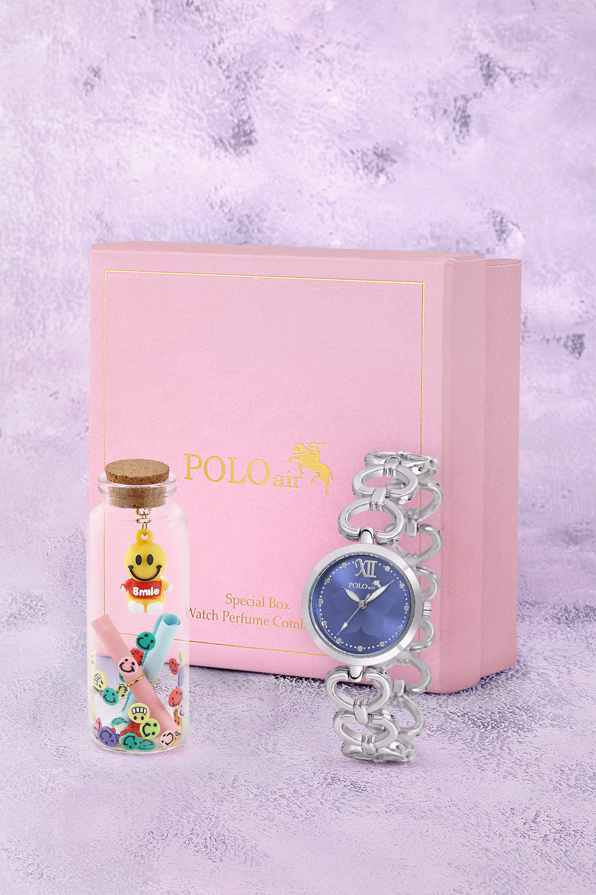 Kalp Detaylı Kadın Kol Saati Smile Figürlü Özel Notlu Cam Dilek Şişe Gümüş Lacivert Renk ST-2187S5