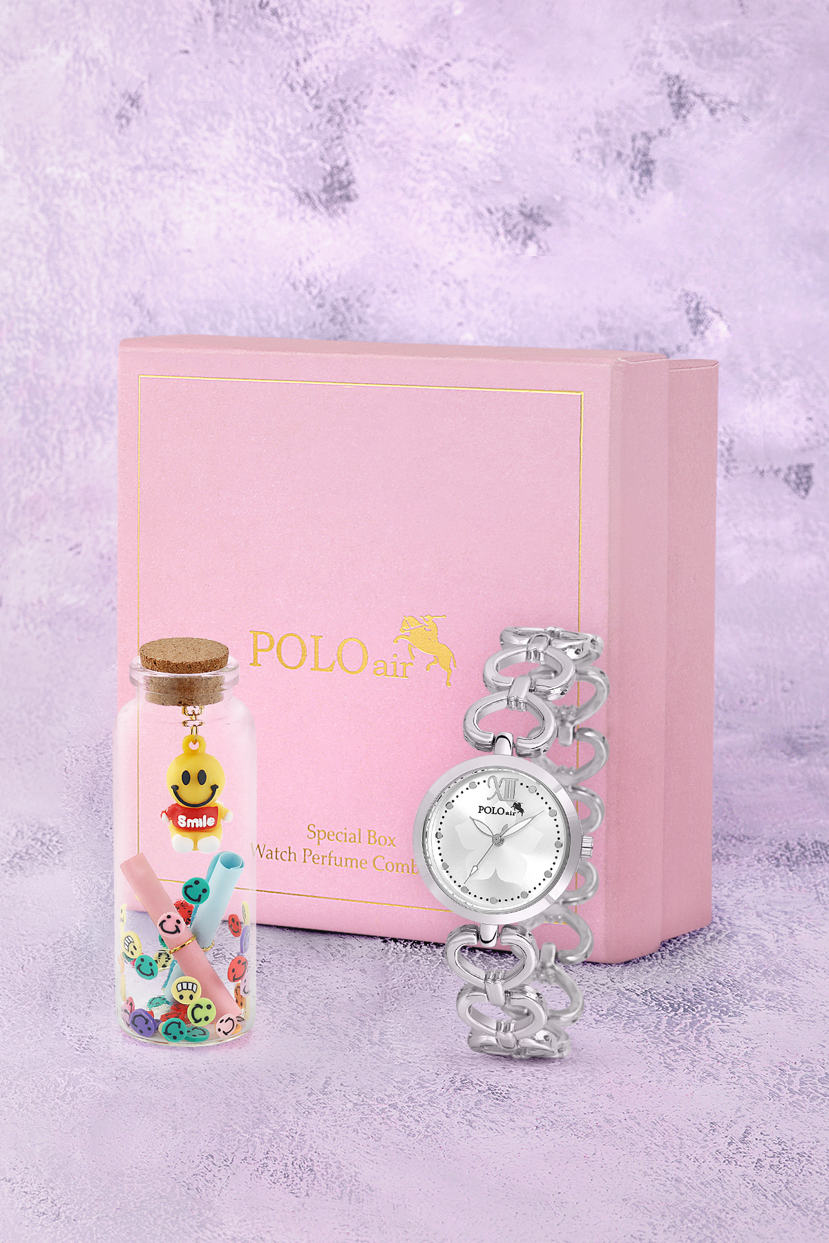 Kalp Detaylı Kadın Kol Saati Smile Figürlü Özel Notlu Cam Dilek Şişe Seti Gümüş Renk ST-2187S2