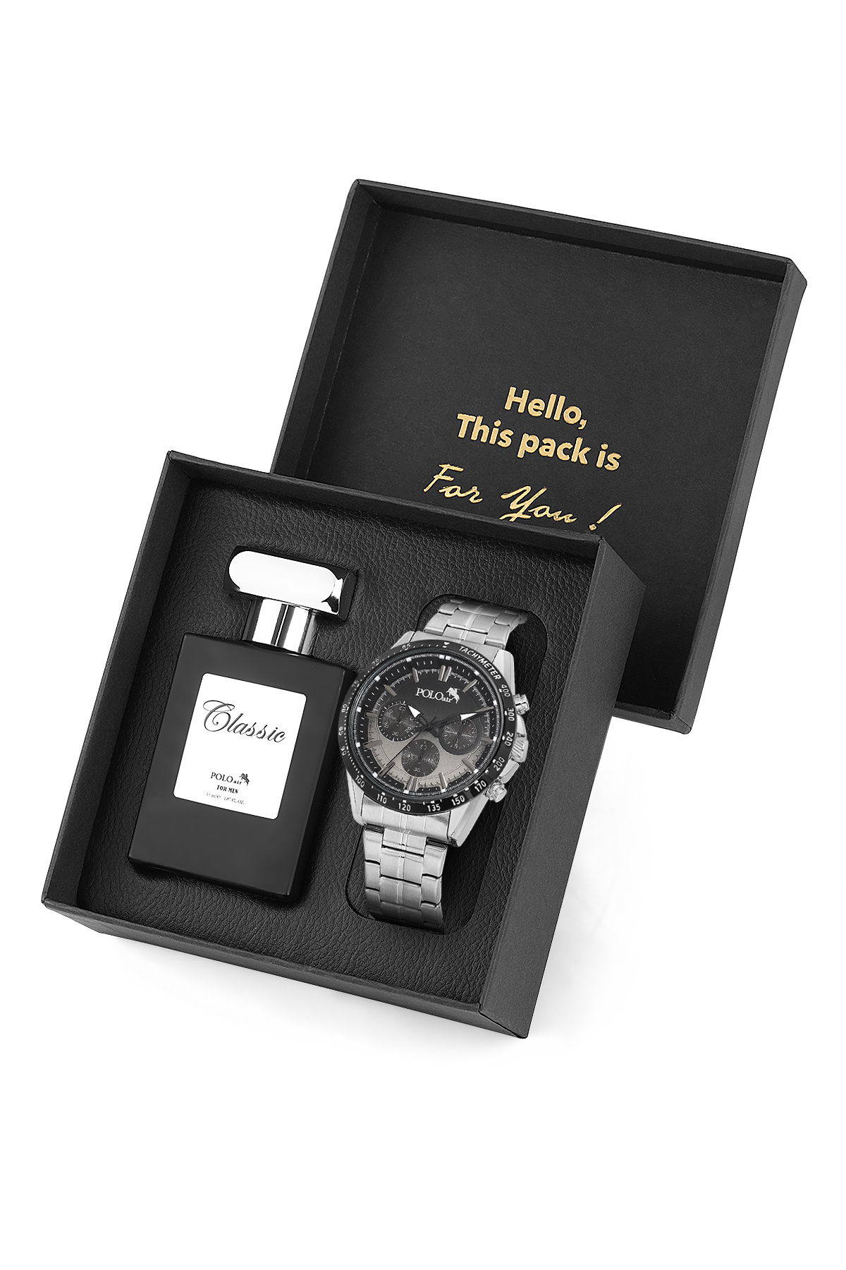 Spor Erkek Kol Saati Ve 55ml Parfüm Hediyelik Kutusunda Set Gümüş Siyah Renk ST-5010E5