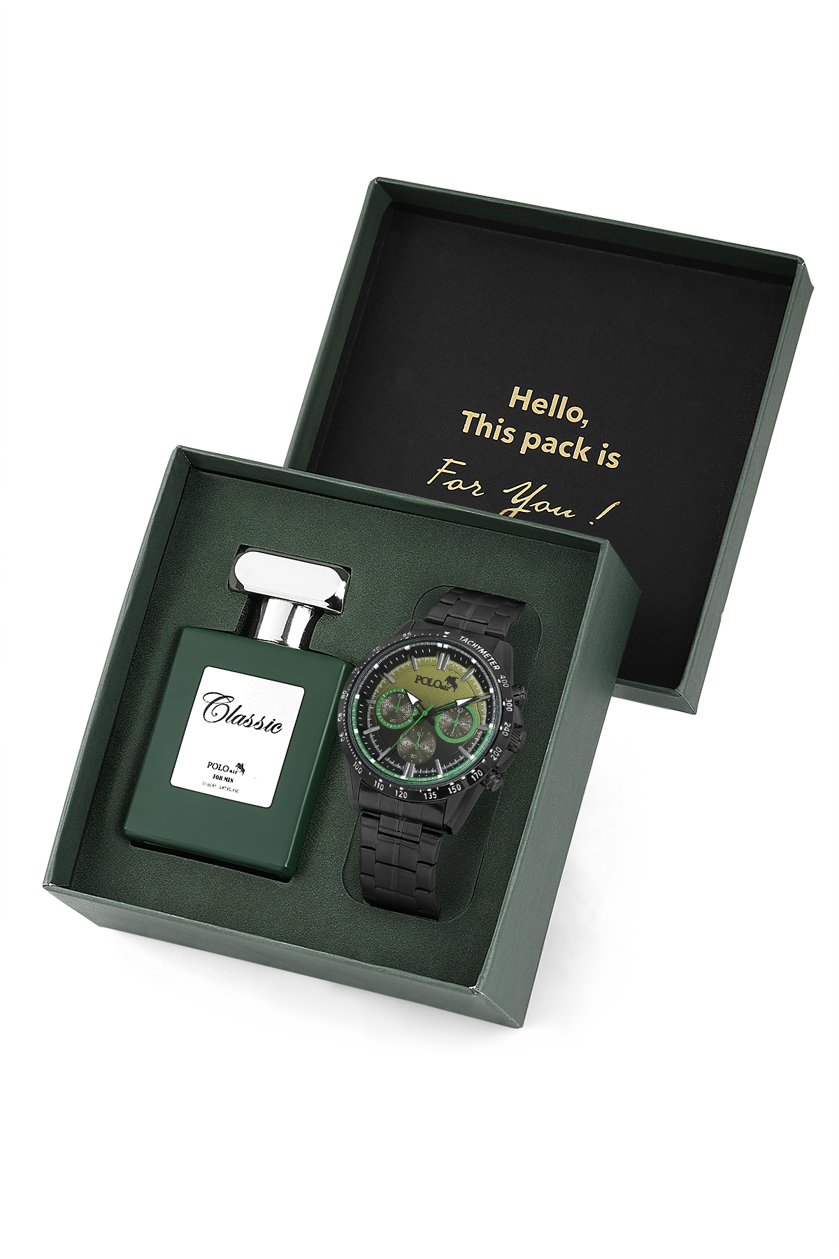 Spor Erkek Kol Saati Ve 55ml Parfüm Hediyelik Kutusunda Set Siyah Yeşil Renk ST-5010E3