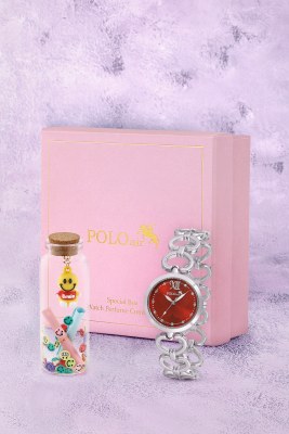 Kalp Detaylı Kadın Kol Saati Smile Figürlü Özel Notlu Cam Dilek Şişe Gümüş Kırmızı Renk ST-2187S6