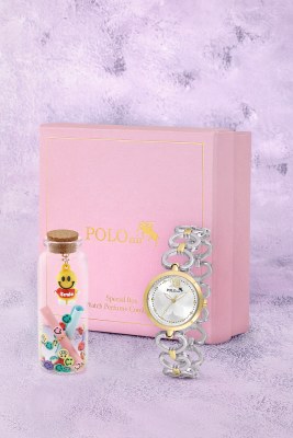 Kalp Detaylı Kadın Kol Saati Smile Figürlü Özel Notlu Cam Dilek Şişe Seti Gold Gümüş Renk ST-2187S3