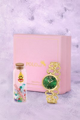 Kalp Detaylı Kadın Kol Saati Smile Figürlü Özel Notlu Cam Dilek Şişe Seti Gold Yeşil Renk ST-2187S1