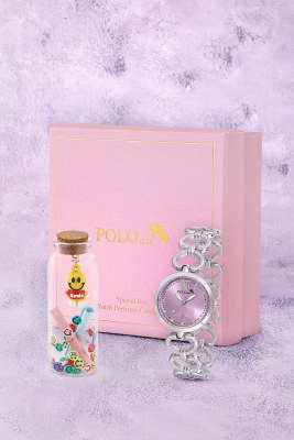 Kalp Detaylı Kadın Kol Saati Smile Figürlü Özel Notlu Cam Dilek Şişe Seti Gümüş Lila Renk ST-2187S4