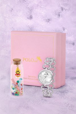 Kalp Detaylı Kadın Kol Saati Smile Figürlü Özel Notlu Cam Dilek Şişe Seti Gümüş Renk ST-2187S2