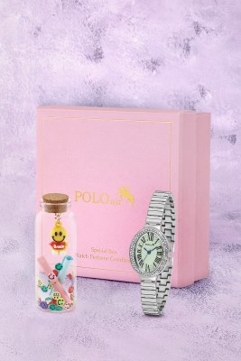 Romen Rakamlı Kadın Kol Saati Ve Smile Figürlü Özel Notlu Cam Dilek Şişe Gümüş Yeşil Renk ST-2186S4