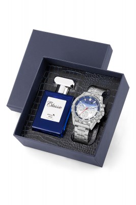Spor Erkek Kol Saati Ve 55ml Parfüm Hediyelik Kutusunda Set Gümüş Lacivert Renk ST-5010E2