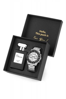 Spor Erkek Kol Saati Ve 55ml Parfüm Hediyelik Kutusunda Siyah Set Gümüş Renk ST-5010E4